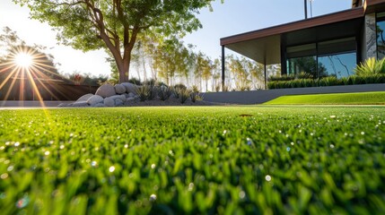 Fresh artificial grass under a bright sun, vibrant and eco-friendly, AI Generative.