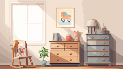 Interior of childs room with rocking horse workplace