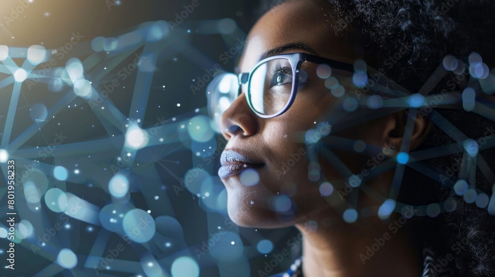 Poster black woman, programmer, it specialist, engaged in data analysis, cybersecurity, coding, information