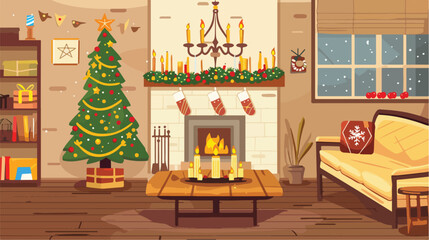 Interior of festive living room with decorations for