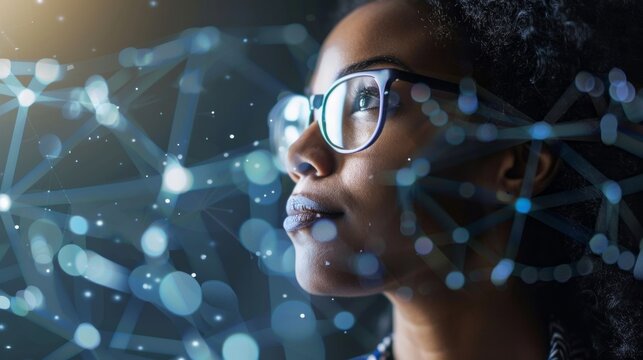 Black Woman, programmer, IT specialist, engaged in data analysis, cybersecurity, Coding, information and communication technologies, Cloud computing in a modern office.