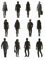Vector silhouettes of  men and a women, a group of standing and walking business people, black color isolated on white background