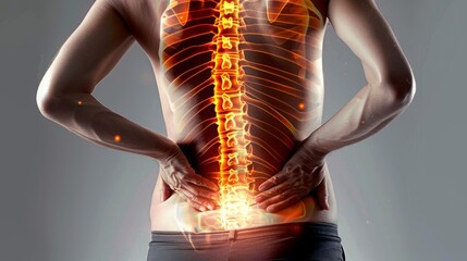  Lumbar Agony: Person Clutching Lower Back, Revealing Red-Hued Spine in Pain, visible spinal cord - obrazy, fototapety, plakaty