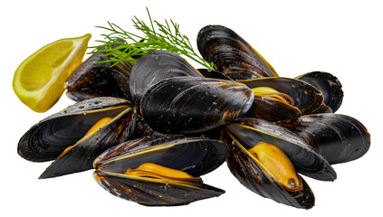 Mussels with lemon and herbs, cut out - stock png.