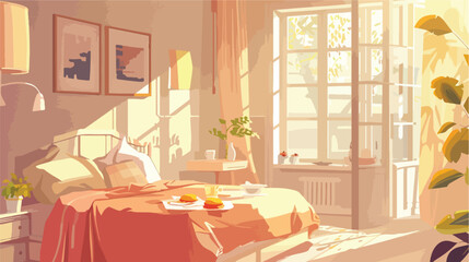 Interior of light bedroom with tasty breakfast on bed