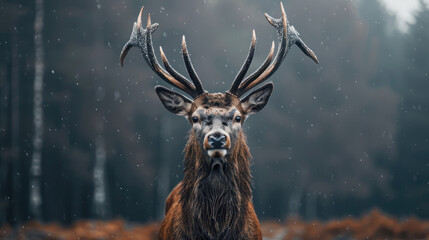 Portrait of a majestic stag in a foggy forest on a cold morning