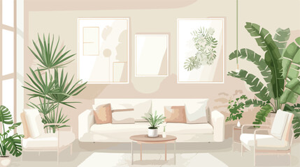 Interior of light living room with cozy white sofa co