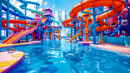 Water park with water slide and swimming pool in the middle of it. Generative AI