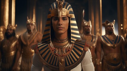 Portrait of an egyptian pharaoh in royal attire and his entourage in the background.