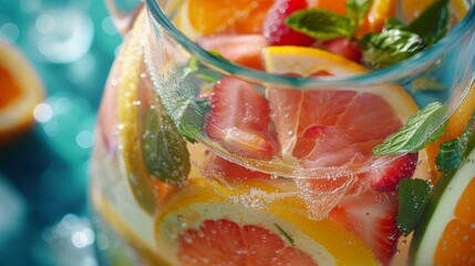 A closeup of a pitcher containing a delicious and hydrating fruitinfused water surrounded by slices of fruit and floating herbs. - obrazy, fototapety, plakaty
