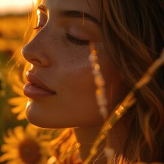 A closeup shot capturing the womans forehead, nose, cheek, lips, chin, eyebrow, mouth, and eyelashes in a sunflower field, showcasing her beautiful hairstyle and head tilt AIG50
