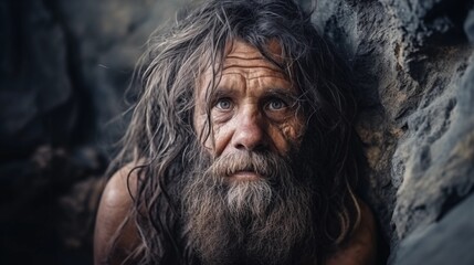 Portrait of prehistoric man in cave. Face of Neanderthal caveman with beard. Ancestor of mankind