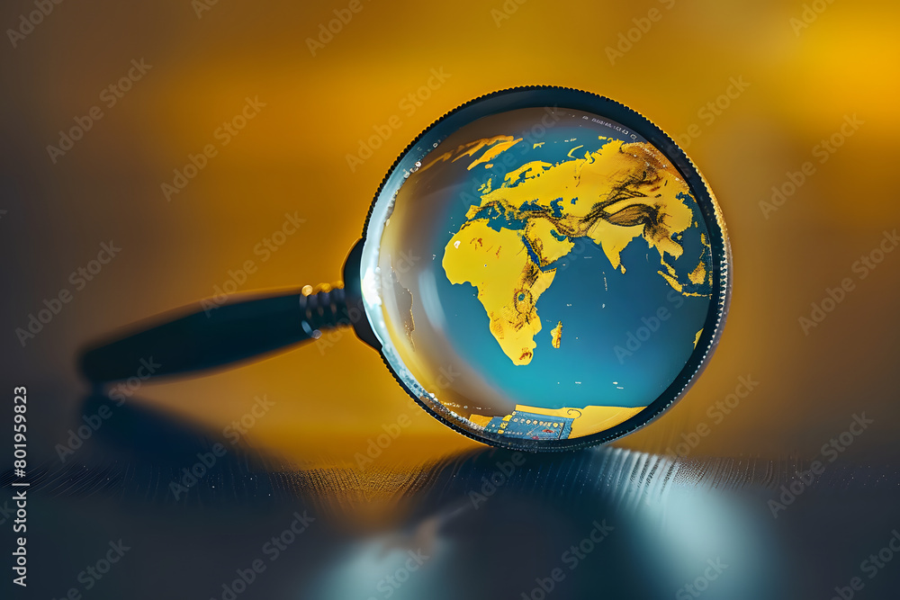 Poster magnifier with world map element. global search concept. ai generated, human enhanced