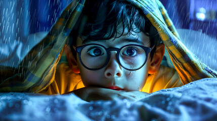 Young boy wearing glasses under blanket with rain falling down on him.