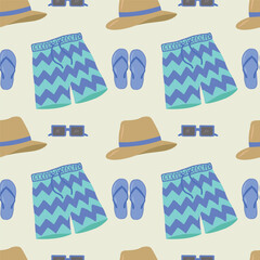 Beachwear, seamless pattern, vector. Men's shorts, swimming trunks, glasses and a hat on a light blue background. Stock illustration