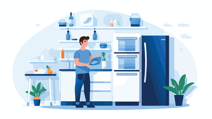 Fototapeta na wymiar Worker repairing fridge in kitchen Vector illustration