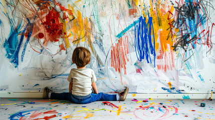 Little boy sitting on the floor in front of wall covered in paint.