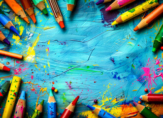 Group of colored pencils sitting on top of blue surface with paint splatters. - Powered by Adobe