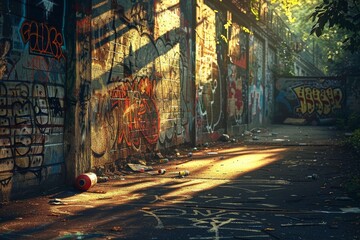 Graffiti covered wall with a ball and trash on the ground