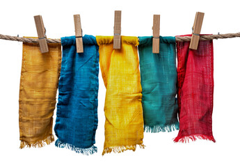 Hanging colorful linen cloths on a rustic wooden line, cut out - stock png.