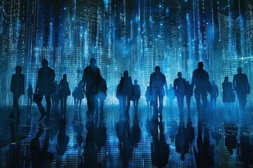 Tech-Powered Inspiration: A movie poster-style composition featuring a group of business people in silhouette, their forms comprised of inspiring blue matrix code.
