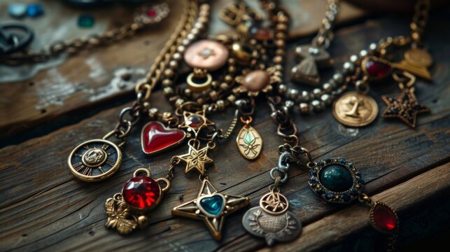 A photo of an antique charm necklace with various charms representing different milestones and memories.