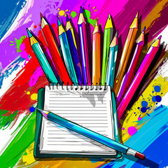 Notebook with colored pencils and notepad on colorful background.