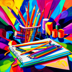 Painting of pencils, pens, and basket of pencils.