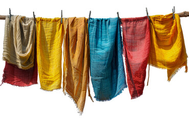Hanging colorful linen cloths on a rustic wooden line, cut out - stock png.