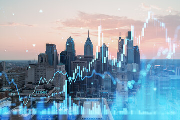 Double exposure of financial graphs superimposed on a cityscape, representing Philadelphia's...
