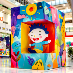 Brightly colored box with cartoon character inside of it in mall.