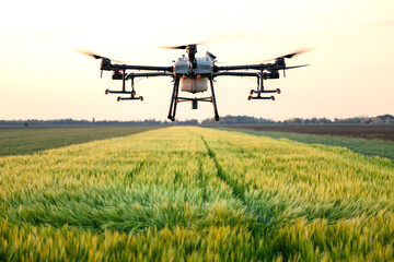 Agriculture drone mapping the field and spraying crops with herbicide.