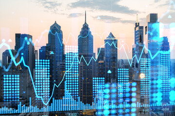 Philadelphia cityscape with digital financial graphs overlay, depicting future technology and...