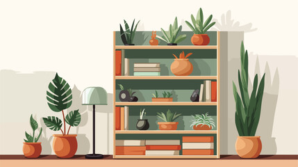 Interior of modern room with shelf unit and houseplant