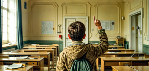 Young boy standing in classroom with his hand up in the air. - Powered by Adobe