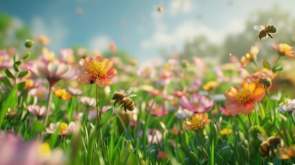  A peaceful meadow blanketed with blooming flowers and buzzing bees, symbolizing the delicate balance of ecosystems on Environment Day.