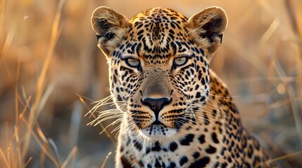 A close-up portrait of an African leopard, showcasing its intense gaze and detailed fur texture against the backdrop of savanna grasslands in South Africa.