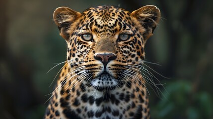 A close-up portrait of an African leopard, showcasing its focused eyes and intense gaze against the backdrop of wildlife in South Africa's game trails.