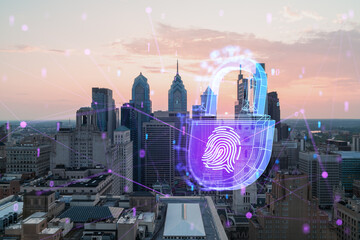 Philadelphia skyline at dusk with a digital fingerprint hologram overlay. Photorealistic with...