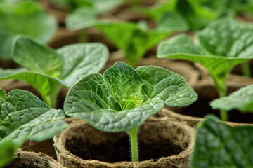 Young sprouts of cucumbers in ecological peat cups.

