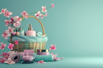 A basket of toiletries and flowers on a colorful background