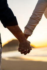 Lovers holding hands gazing sunset on the beach