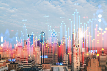 Philadelphia cityscape with holographic data overlay, light background, technology and future...
