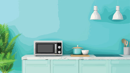 Interior of stylish kitchen with microwave oven near