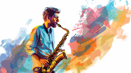 Young man with saxophone on white background Vector illustration - obrazy, fototapety, plakaty