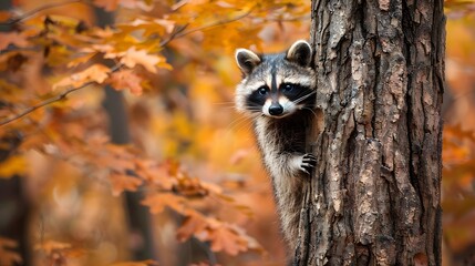 A curious raccoon peeking out from behind a tree trunk in a vibrant, autumn-colored forest. 4k wallpaper