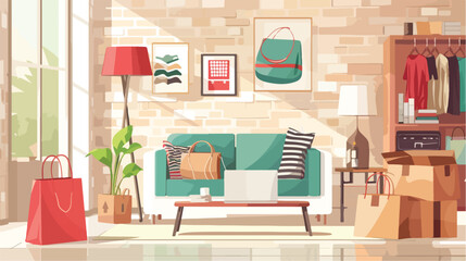 Interior of stylish living room with shopping bags bo