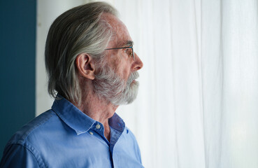 Obraz premium Portrait of happy senior man smile emotion hand gesture at home