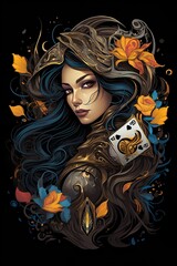 Naklejka premium Gaming Tarot Card with Intricately Designed Video Game Theme on a Dark Background, Ideal for Gaming Enthusiasts, Collectors, and Tarot Lovers