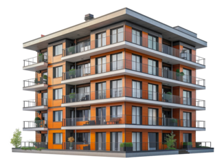 Stylish orange and gray apartment building, cut out - stock png.